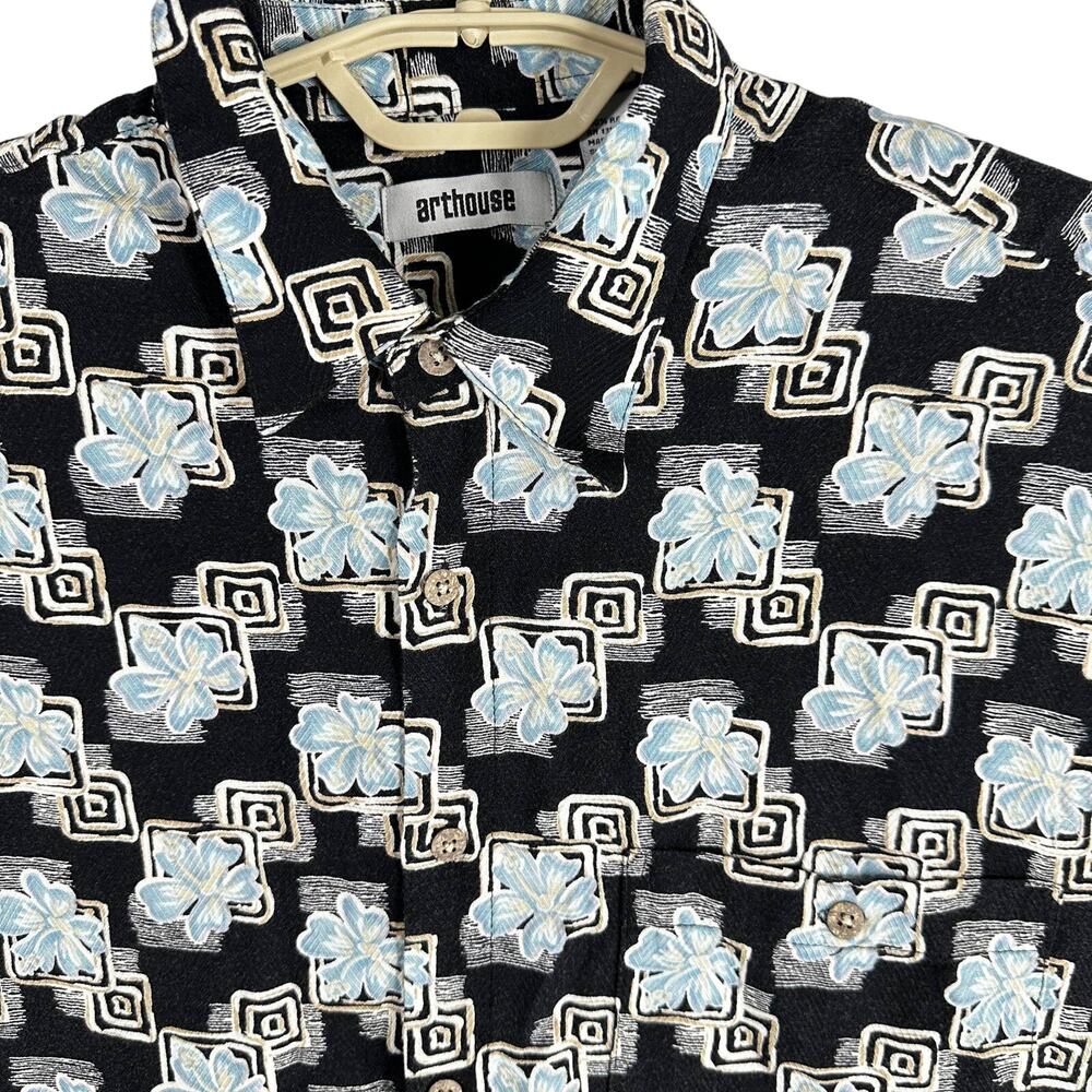 arthouse Mens Shirt Size L Blue Black Floral All Over Print Short Sleeve Button